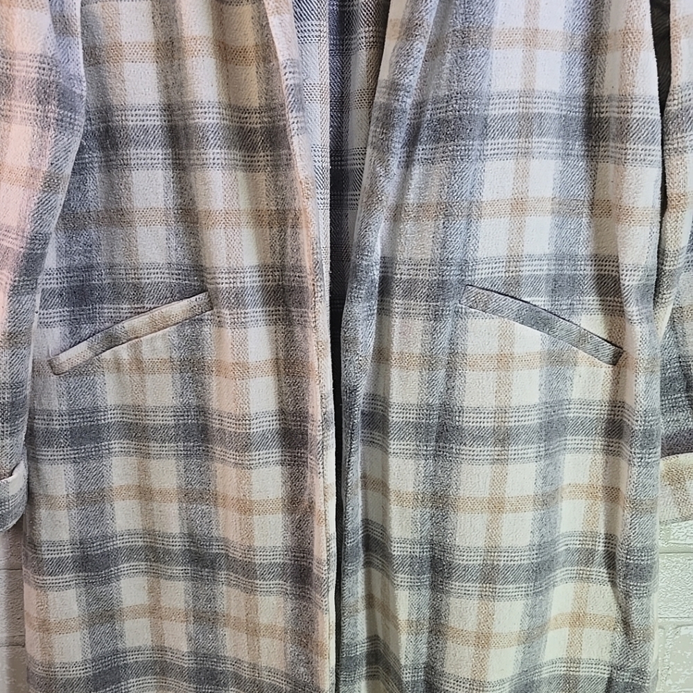 Camellia Open Front Gray Plaid Fleece Overcoat Lightweight Jacket Size L - Picture 2 of 5